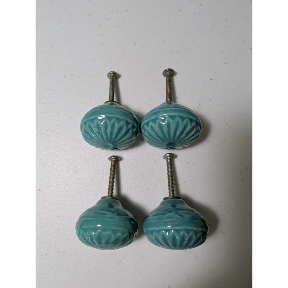 World Market Set of 4 Turquoise Teal Ceramic Drawer Knobs Fluted Cabinet Pulls